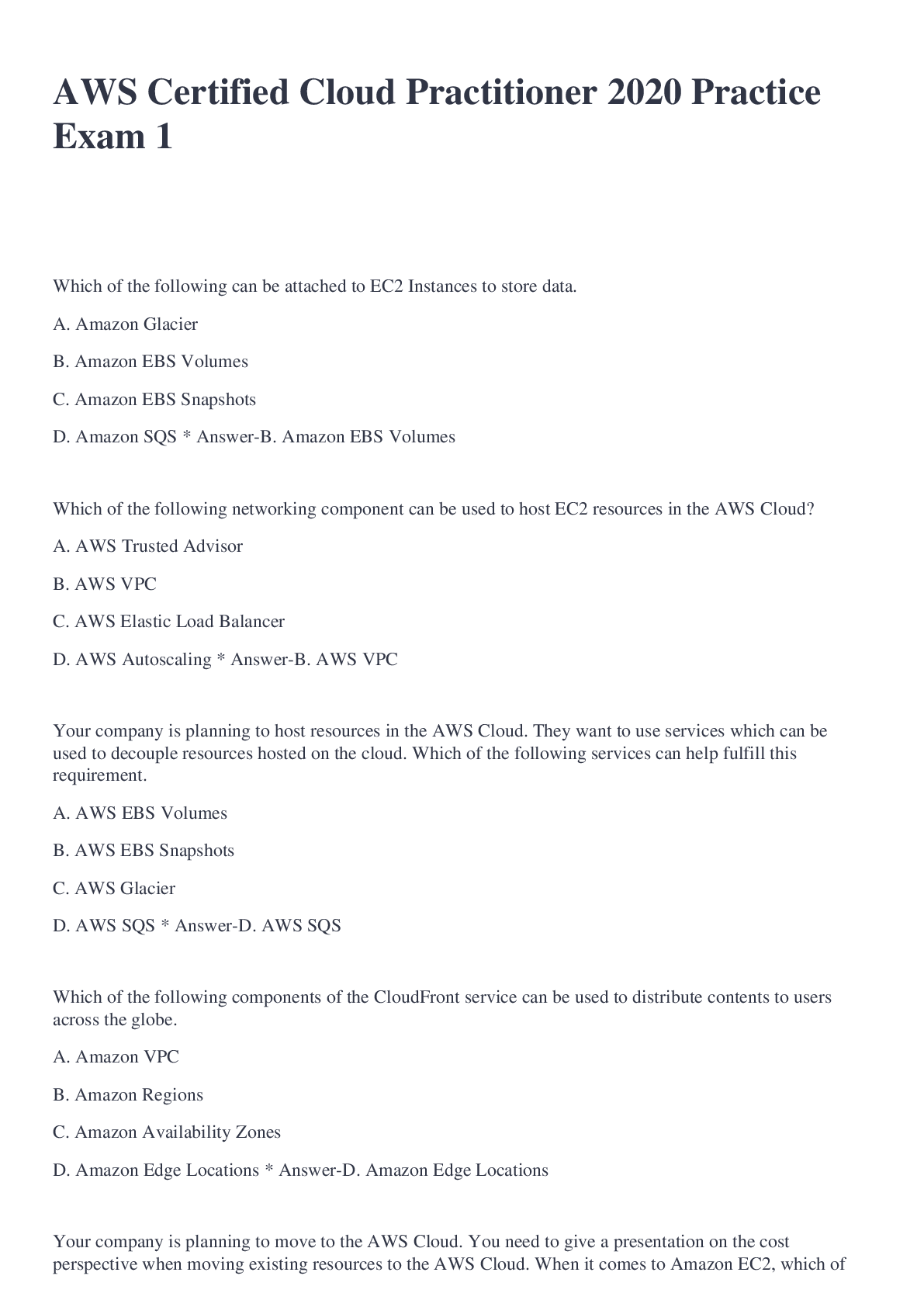 Preview of AWS Certified Cloud Practitioner 2020 Practice Exam 1